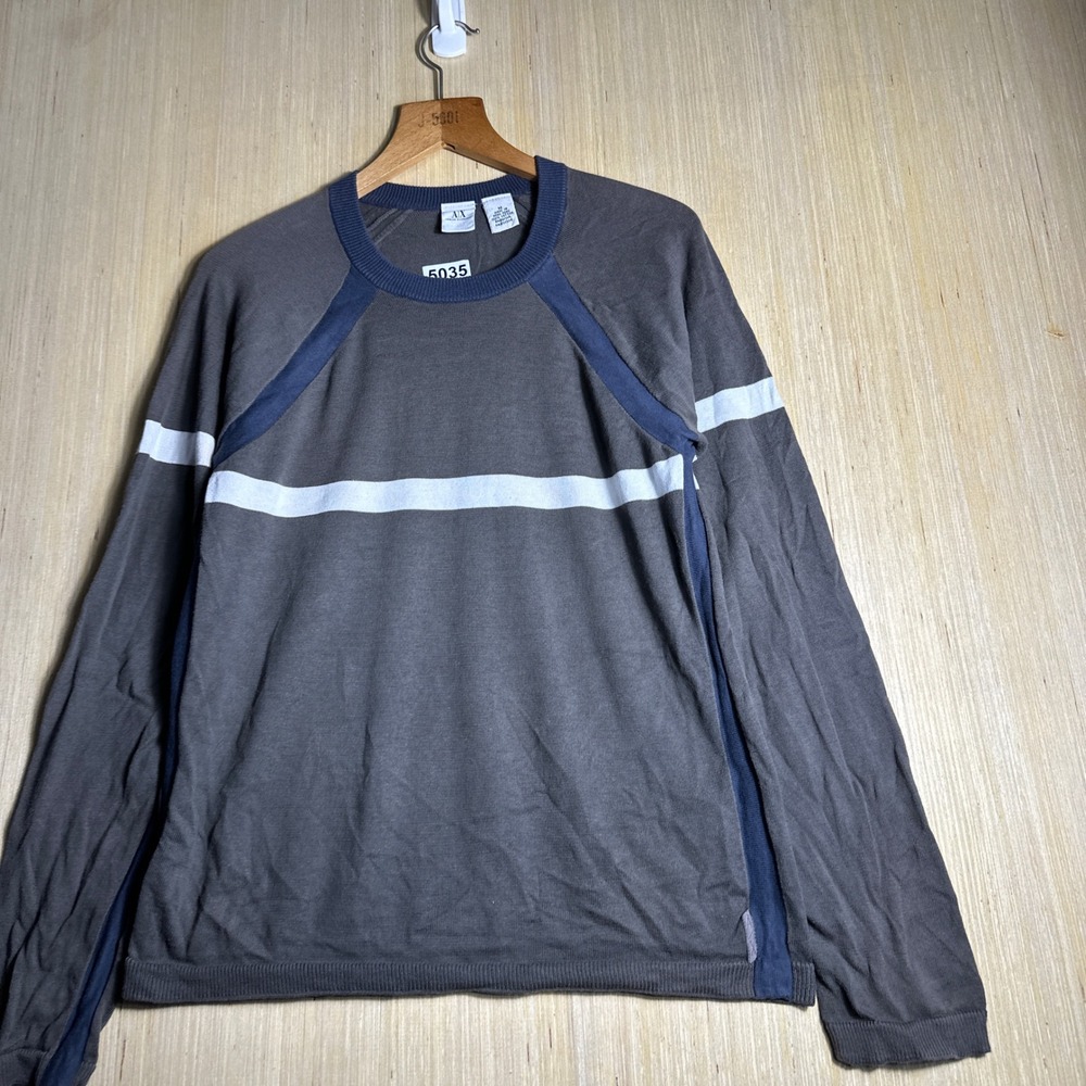 Armani Exchange Sweater Mens Medium Grey Blue 90s Stripe Raglan Long Sleeve - Picture 3 of 12